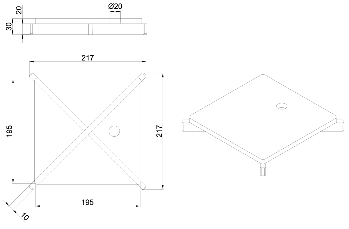 00408130 Esquema técnico de la reja para sumidero EG, reja ranurada en acero inoxidable AISI316 de dimensiones L218 A218 H30 sin sistema de fijación, clase de carga M125.
