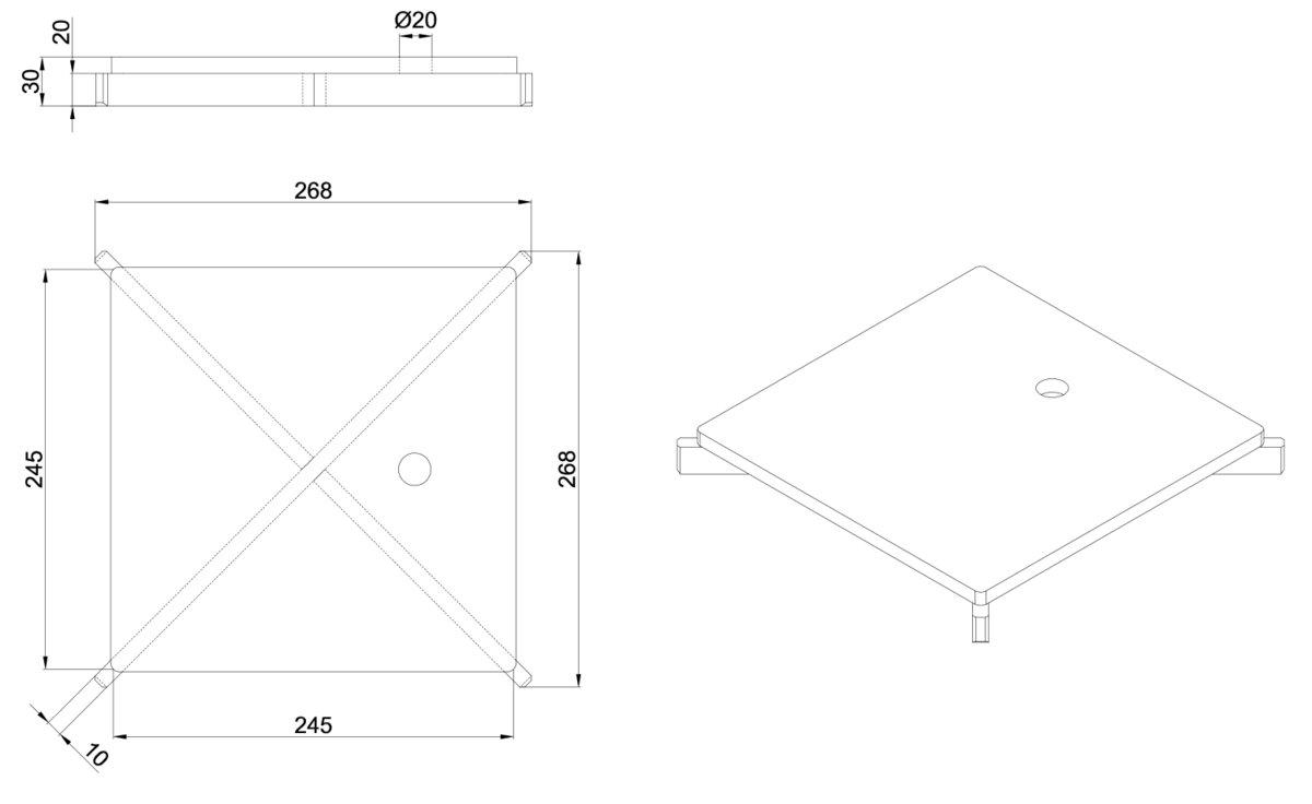 Esquema técnico de la reja para sumidero EG, reja ranurada en acero inoxidable AISI316 de dimensiones L268 A268 H30 sin sistema de fijación, clase de carga M125.