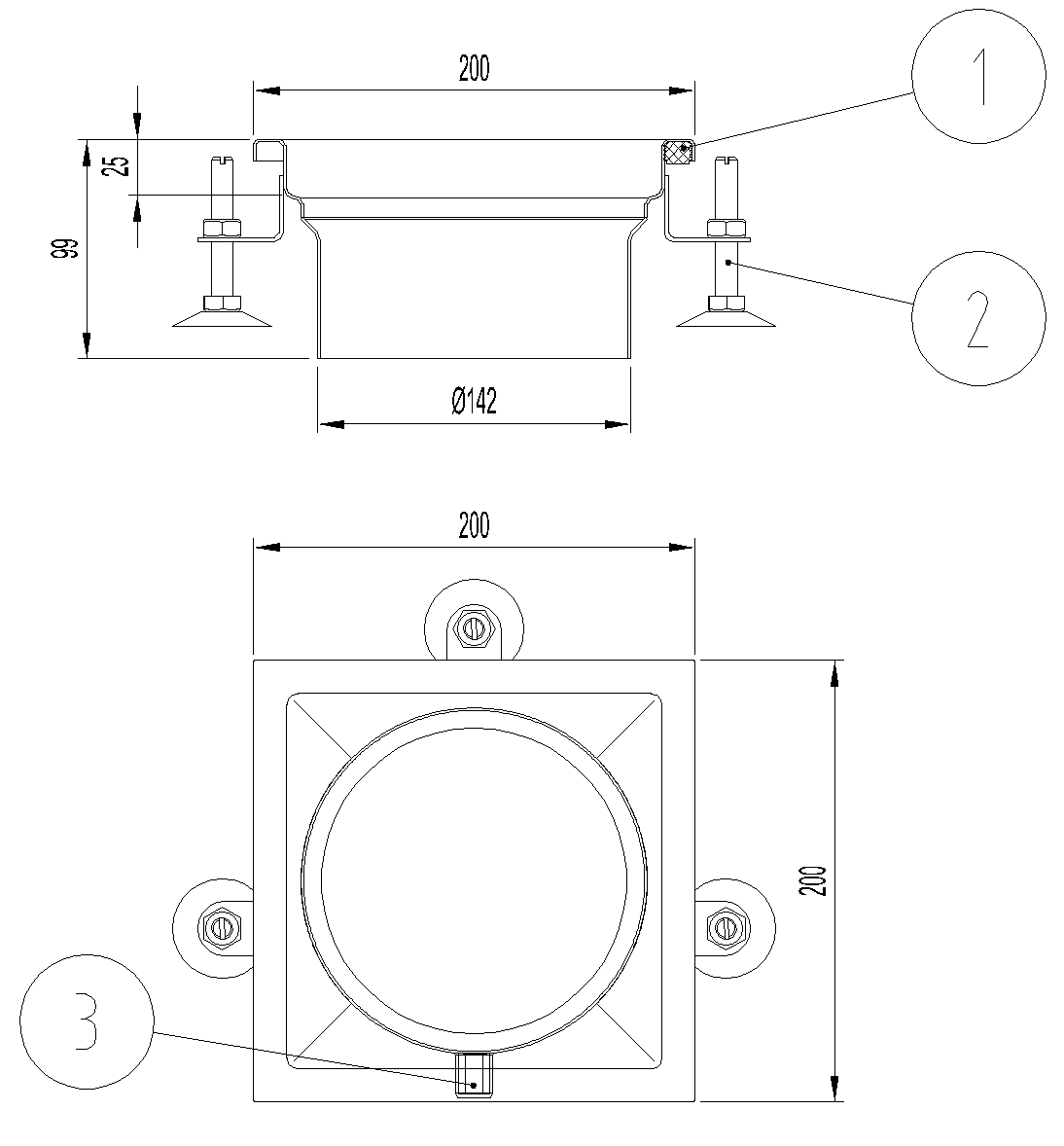 00408208 Esquema técnico del cuerpo sumidero industrial EG TELESCOPICO, fabricado en acero inoxidable AISI304, de dimensiones L200 A200 H99 fondo Ø142.