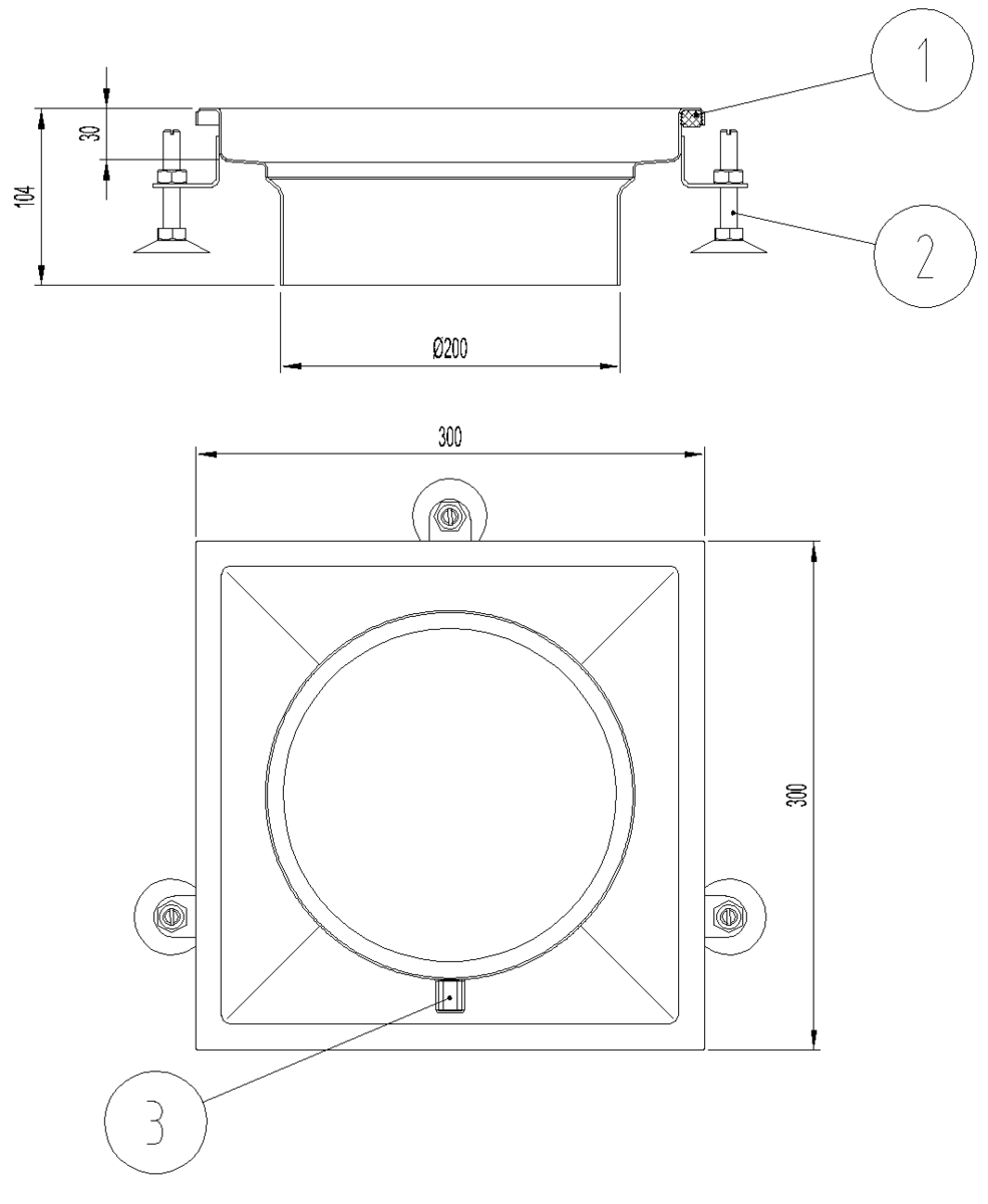 00408228 Esquema técnico del cuerpo sumidero industrial EG TELESCOPICO, fabricado en acero inoxidable AISI304, de dimensiones L300 A300 H104 fondo Ø200.