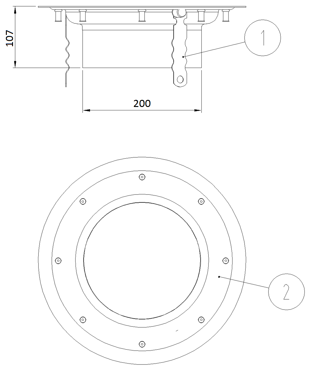 00408242 Esquema técnico del cuerpo sumidero industrial EG TELESCOPICO, fabricado en acero inoxidable AISI304, de dimensiones Ø220 H106 fondo Ø200, con clipaje vínilico.