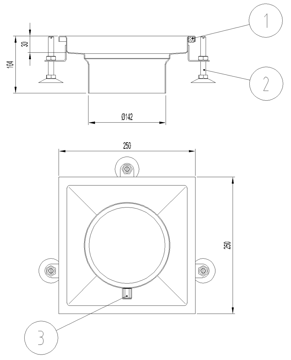 00408248 Esquema técnico del cuerpo sumidero industrial EG TELESCOPICO, fabricado en acero inoxidable AISI304, de dimensiones L250 A250 H104 fondo Ø142.