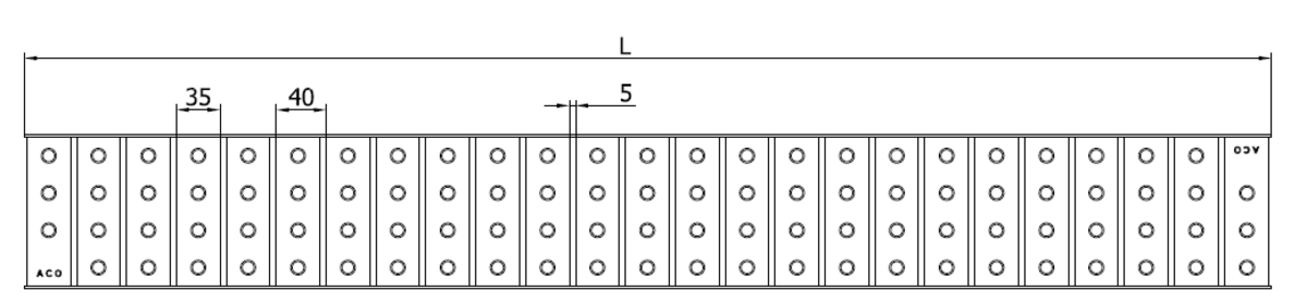 00409286 Esquema técnico de la reja para canal Modular 125, reja multislot 5 en acero inoxidable AISI304 de dimensiones L1000 A125 H20 sin sistema de fijación, clase de carga A15.