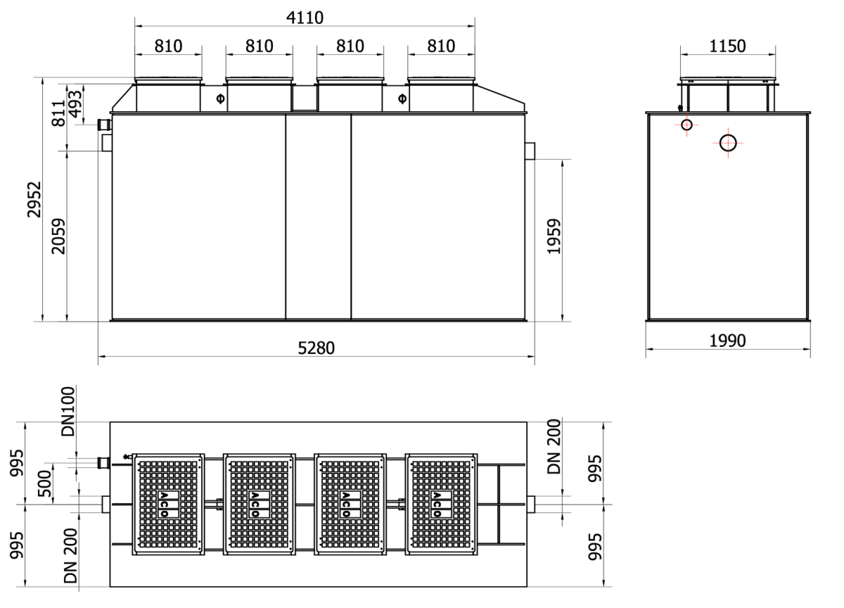 00411129 Esquema técnico de la ETAR CLARA LIGHT de sistema CFR para un numero de personas entre 38-76, talla nominal 63, en polipropileno
