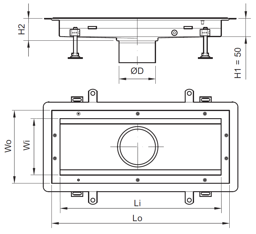 00413358 Esquema técnico del canal BOX HF VINILICO L500 A170 H60 en acero inoxidable AISI304 con salida DN/OD 125