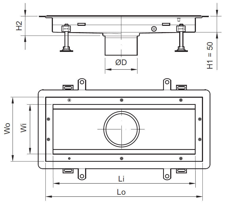 Esquema técnico del canal BOX HF VINILICO L500 A170 H60 en acero inoxidable AISI304 con salida DN/OD 125