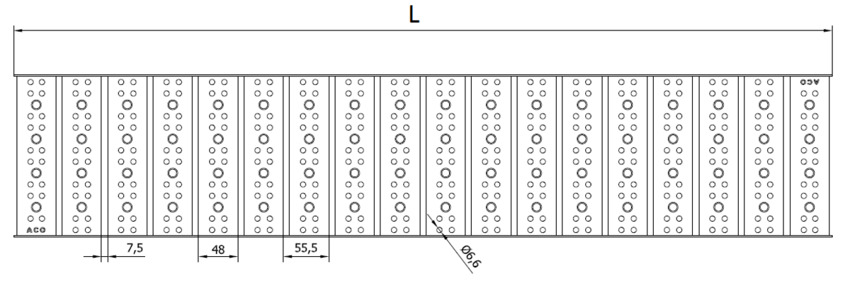 00415745 Esquema técnico de la reja para canal Modular 200, reja multislot 8 en acero inoxidable AISI304 de dimensiones L1000 A198 H30 sin sistema de fijación, clase de carga B125.