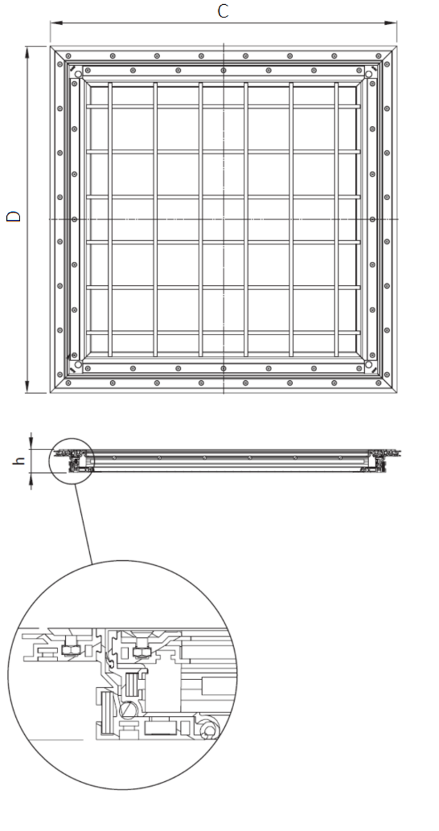 Esquema técnico de la tapa TOPTEK RE para suelo vinílico no asistida de medidas exteriores 500x500mm y altura 50, clase de carga L15