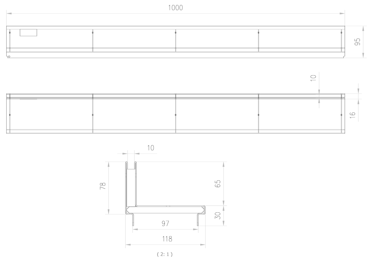 Esquema técnico de la reja para canal SELF 100, reja brickslot L H65 en acero inoxidable AISI304 de dimensiones L1000 A118 H13 sin sistema de fijación, clase de carga B125.