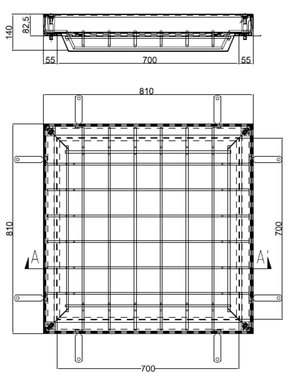 00415912 Esquema técnico de la tapa TOPTEK RE en acero inoxidable AISI304 de medidas interiores 700x700mm, altura exterior 82,5mm y altura interior rellenable de 140mm, clase de carga C250.