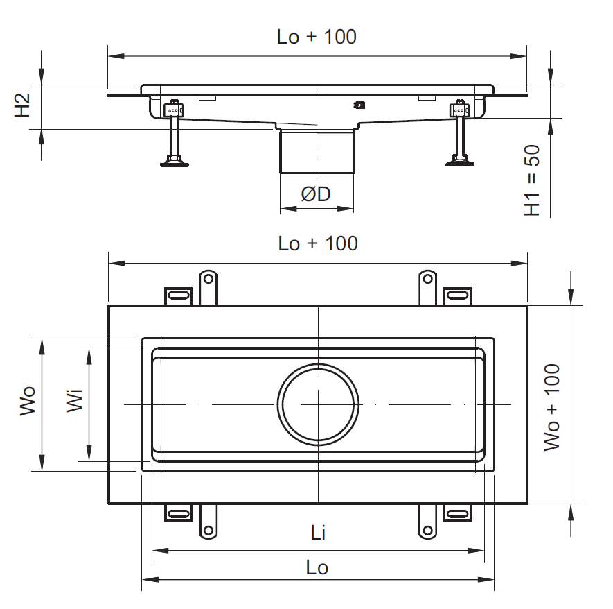 Esquema técnico do canal BOX HF EXTENDED L500 A170 H60 em aço inoxidável AISI304 com saida DN/OD 125