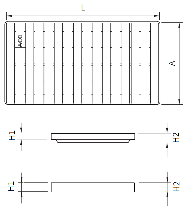 Esquema técnico da grelha para canal BOX HF, grelha de barras antiderrapante em aço inoxidável AISI304 da dimensões L500 A268 H20/30 sem sistema de fixação, classe de carga M125.