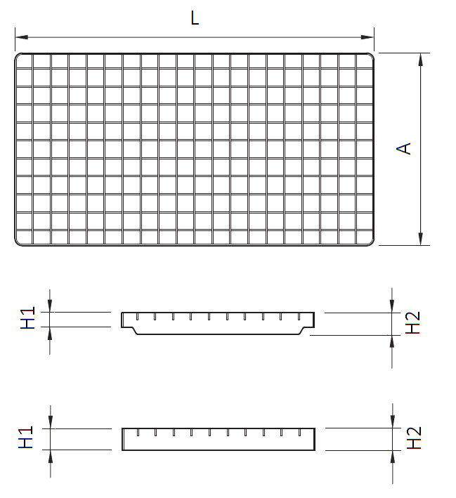 Esquema técnico de la reja para canal BOX HF, reja entramada antideslizante 25x25 30x2 en acero inoxidable AISI304 de dimensiones L500 A268 H20/30 sin sistema de fijación, clase de carga L15.