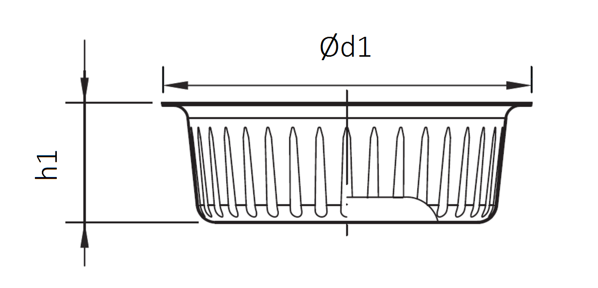 Esquema técnico do cesto em aço inoxidável AISI304, de Ø159 H50 para sumidouros EG com saída vertical.