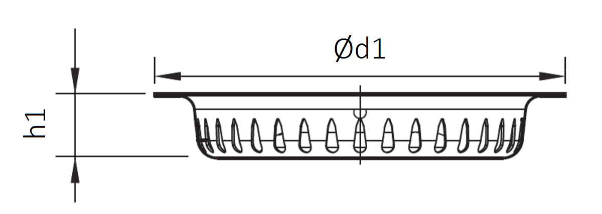 Esquema técnico do cesto em aço inoxidável AISI304, de Ø159 H26 para sumidouros EG com saída horizontal.