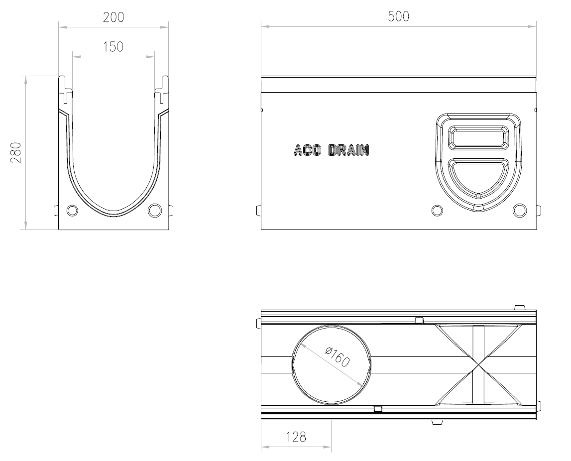 00416989 Esquema técnico del canal registro MONOBLOCK PD150V 0.2 L500 H280 de hormigón polímero con reja pasarela de fundicón D400, sistema de fijación Drainlock, preformas laterales rompibles L-T-X y junta labiolaberíntica