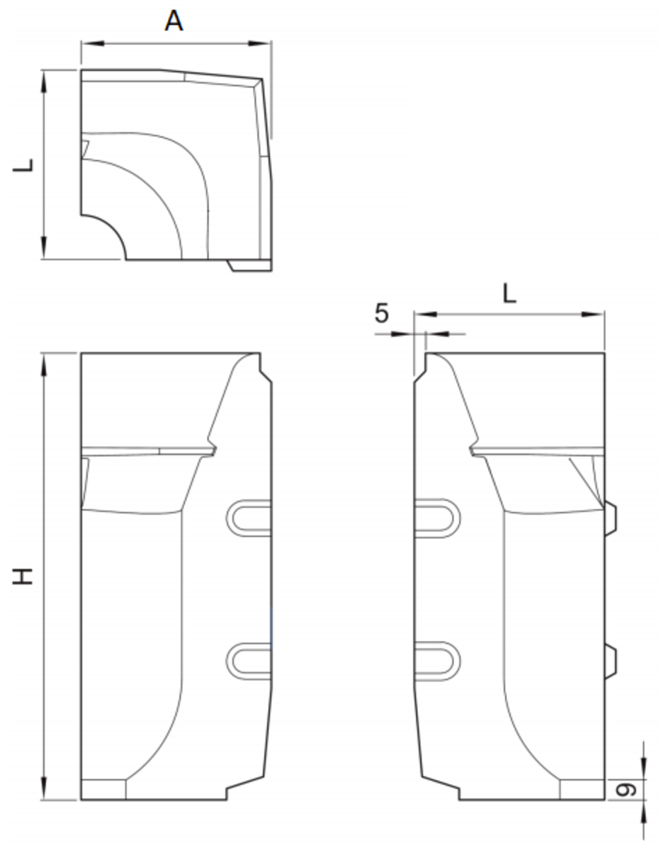00445565 Esquema técnico del zócalo de protección KERB PB SLOT, pieza para esquina interior de L85X85 H200 en hormigón polímero