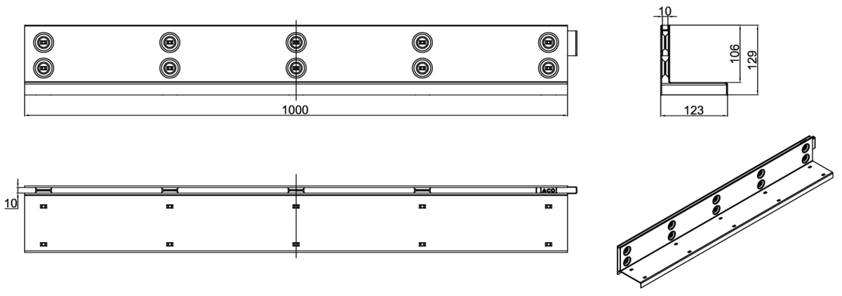 Esquema técnico de la reja para canal MULTIDRIAN/MULTILINE/XTRADRAIN 100, reja brickslot-ST L H105 en acero galvanizado de dimensiones L1000 A123 H129 sin sistema de fijación, clase de carga C250.