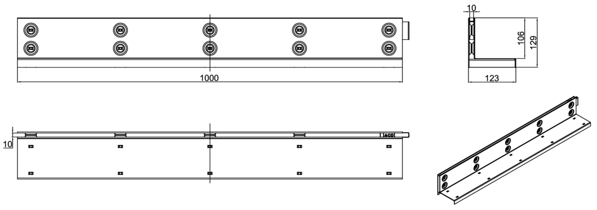 Esquema técnico da grelha para canal MULTIDRIAN/MULTILINE/XTRADRAIN 100, grelha brickslot-ST L H105 em aço galvanizado da dimensões L1000 A123 H129 sem sistema de fixação, classe de carga C250.