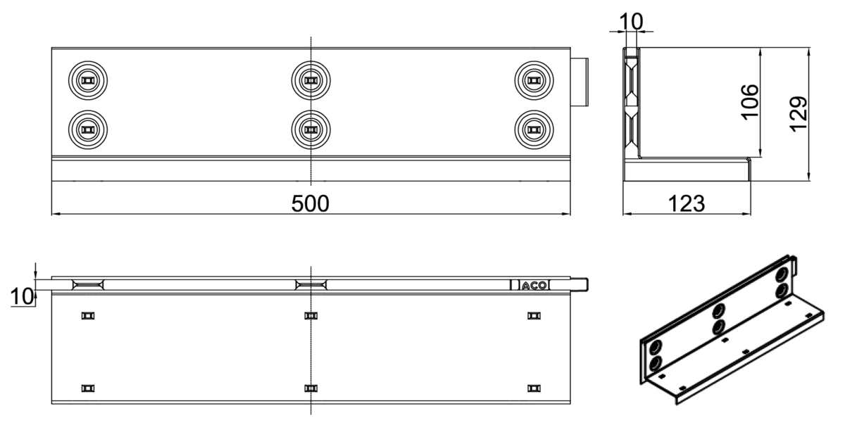 00445599 Esquema técnico de la reja para canal MULTIDRIAN/MULTILINE/XTRADRAIN 100, reja brickslot-ST L H105 en acero galvanizado de dimensiones L500 A123 H129 sin sistema de fijación, clase de carga C250.