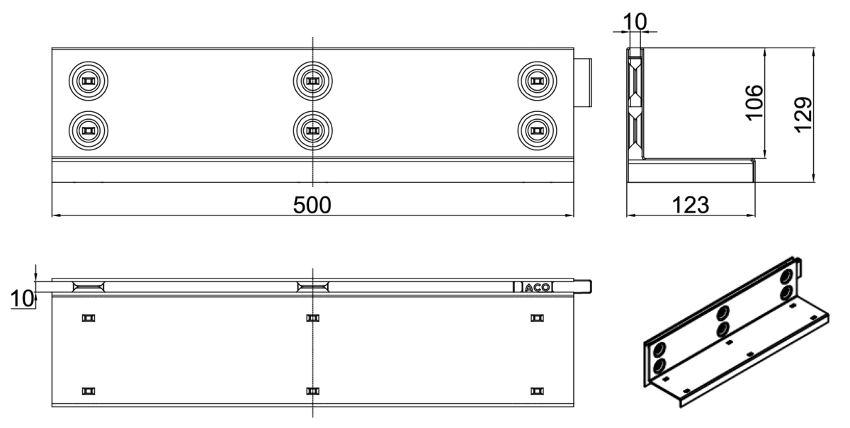 Esquema técnico de la reja para canal MULTIDRIAN/MULTILINE/XTRADRAIN 100, reja brickslot-ST L H105 en acero galvanizado de dimensiones L500 A123 H129 sin sistema de fijación, clase de carga C250.