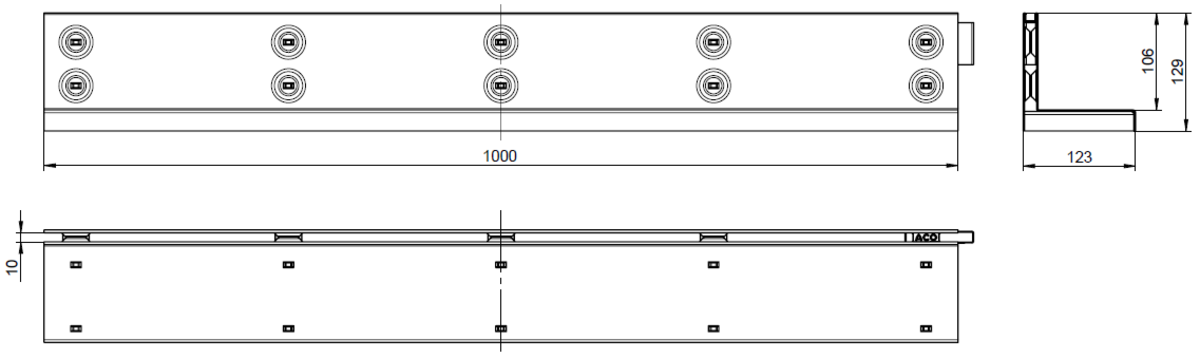 Esquema técnico da grelha para canal MULTIDRIAN/MULTILINE/XTRADRAIN 100, grelha brickslot-ST L H105 em aço inoxidável AISI304 da dimensões L1000 A123 H129 sem sistema de fixação, classe de carga C250.