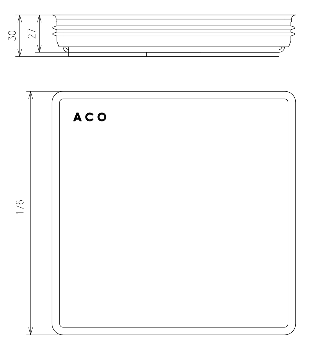 Esquema técnico de la reja para sumidero EG, reja estanca en acero inoxidable AISI316 de dimensiones L165 A165 H25 sin sistema de fijación, clase de carga M125.