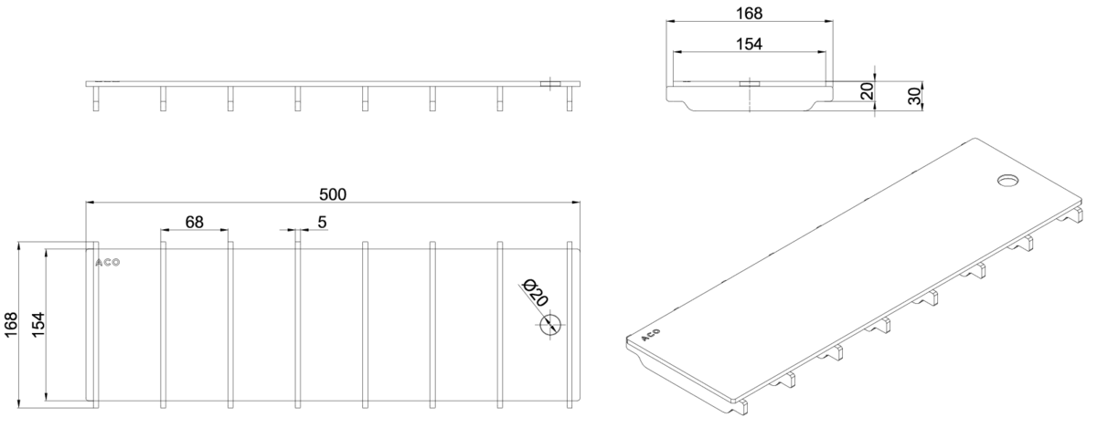 00445758 Esquema técnico de la reja para canal BOX HF, reja ranurada en acero inoxidable AISI304 de dimensiones L500 A168 H20/30 sin sistema de fijación, clase de carga M125.