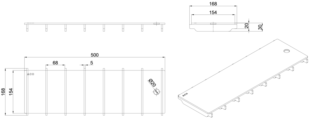 Esquema técnico de la reja para canal BOX HF, reja ranurada en acero inoxidable AISI304 de dimensiones L500 A168 H20/30 sin sistema de fijación, clase de carga M125.