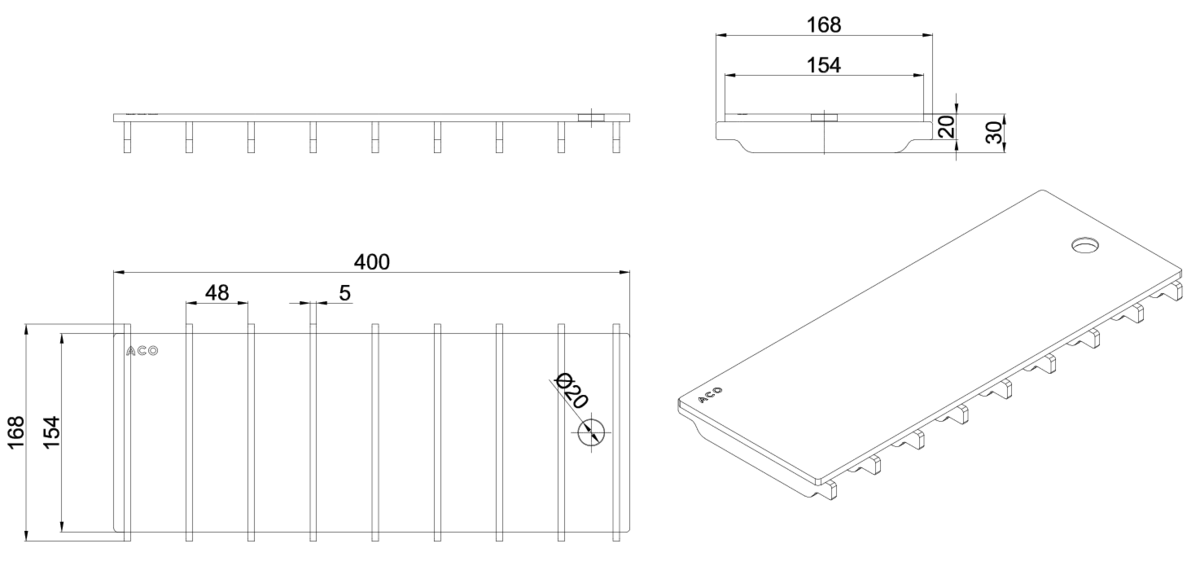 Esquema técnico de la reja para canal BOX HF, reja ranurada en acero inoxidable AISI304 de dimensiones L400 A168 H20/30 sin sistema de fijación, clase de carga N250.