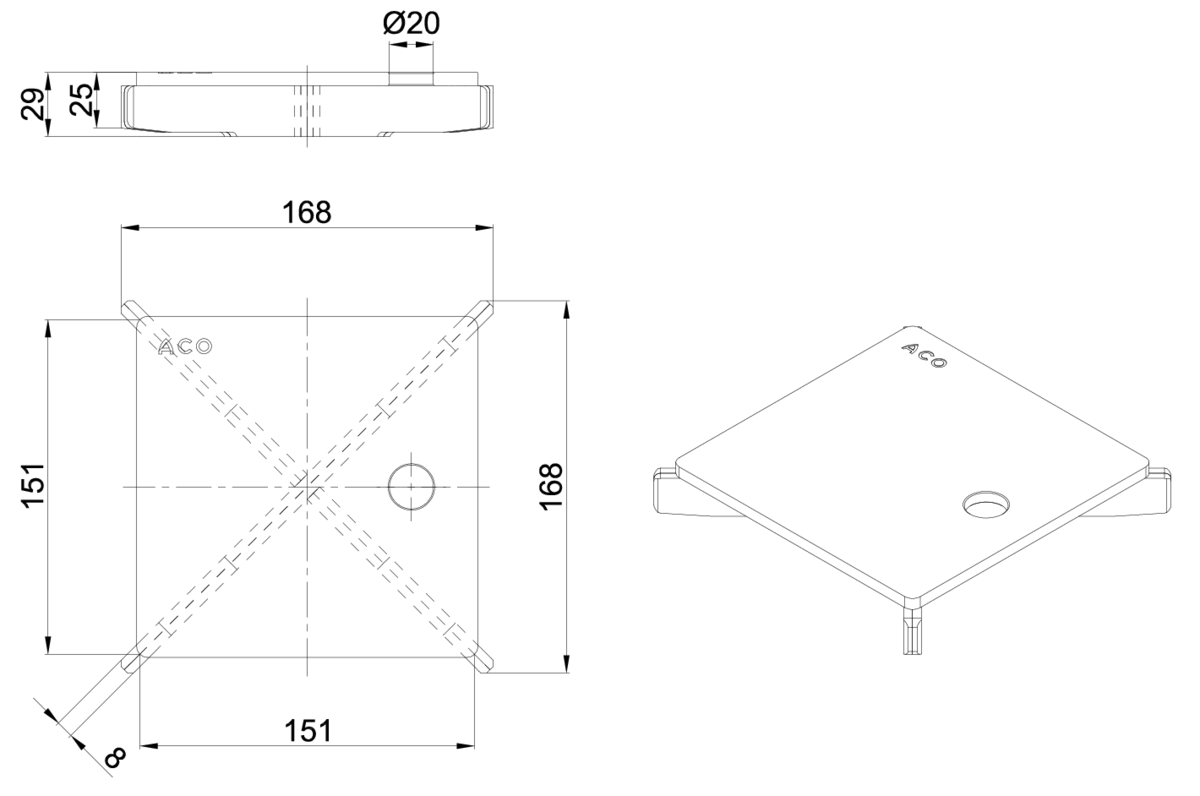 Esquema técnico de la reja para sumidero EG, reja ranurada en acero inoxidable AISI304 de dimensiones L168 A168 H25 sin sistema de fijación, clase de carga R50.