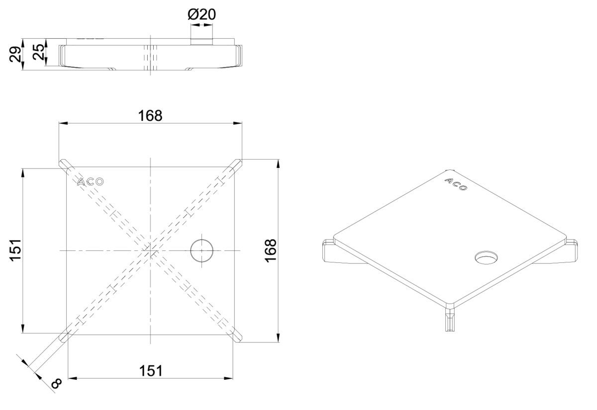 Esquema técnico de la reja para sumidero EG, reja ranurada en acero inoxidable AISI304 de dimensiones L168 A168 H25 sin sistema de fijación, clase de carga R50.