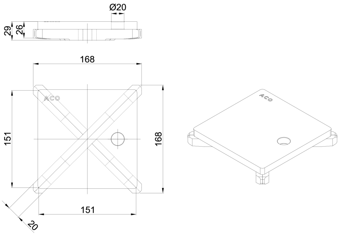 Esquema técnico de la reja para sumidero EG, reja ranurada en acero inoxidable AISI304 de dimensiones L168 A168 H25 sin sistema de fijación, clase de carga M125.