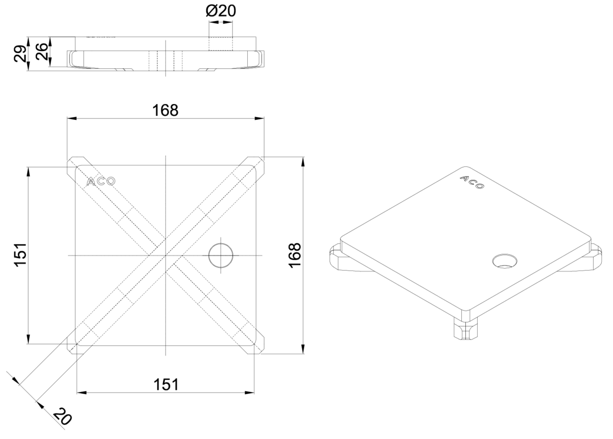 Esquema técnico de la reja para sumidero EG, reja ranurada en acero inoxidable AISI316 de dimensiones L168 A168 H25 sin sistema de fijación, clase de carga M125.