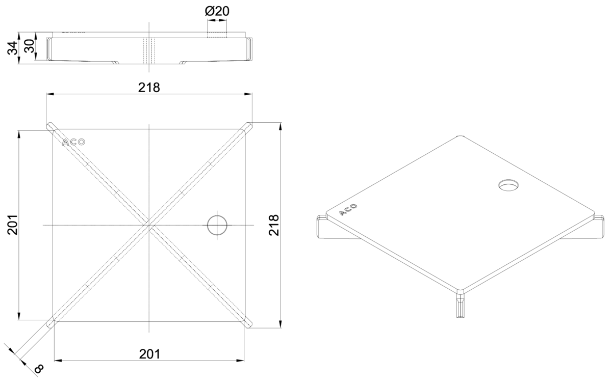 Esquema técnico da grelha para sumidouro EG, grelha ranhurada em aço inoxidável AISI304 da dimensões L218 A218 H30 sem sistema de fixação, classe de carga R50.