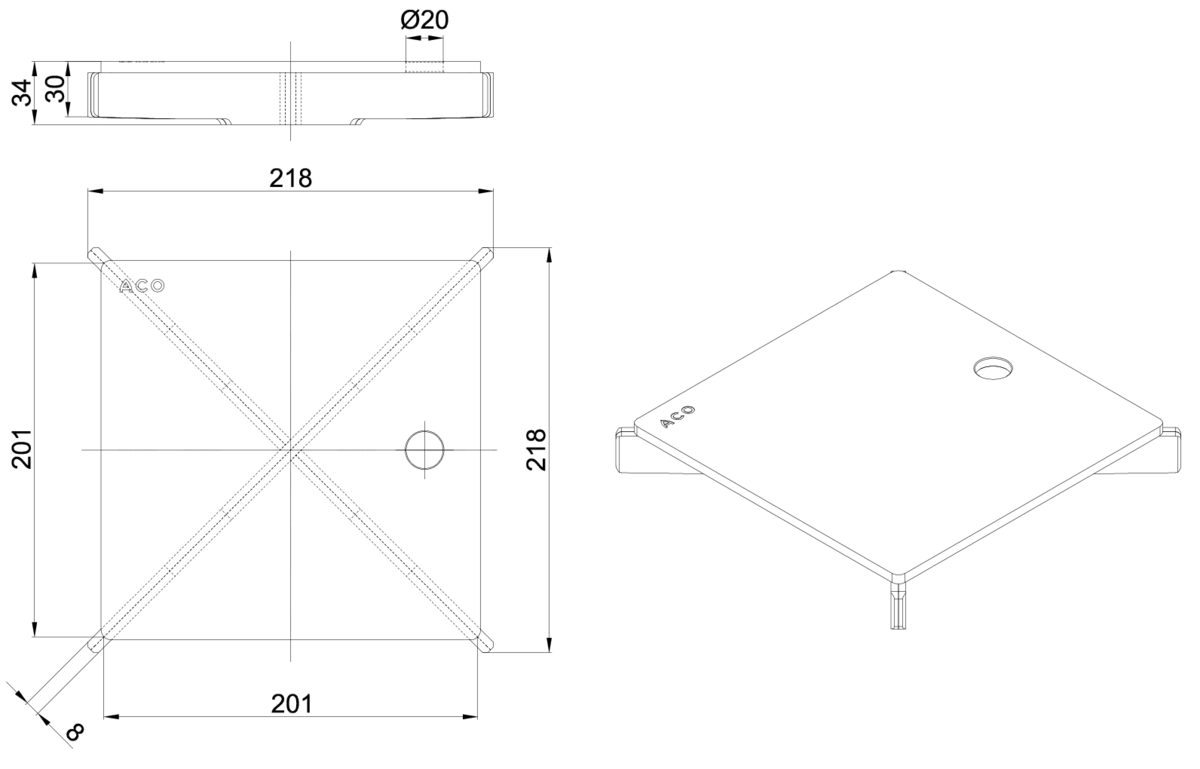 Esquema técnico da grelha para sumidouro EG, grelha ranhurada em aço inoxidável AISI316 da dimensões L218 A218 H30 sem sistema de fixação, classe de carga R50.