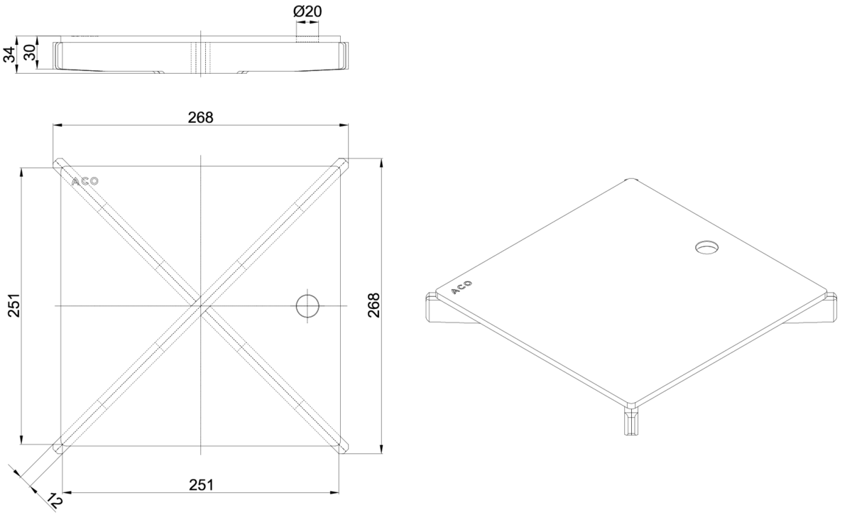 Esquema técnico de la reja para sumidero EG, reja ranurada en acero inoxidable AISI304 de dimensiones L268 A268 H30 sin sistema de fijación, clase de carga R50.