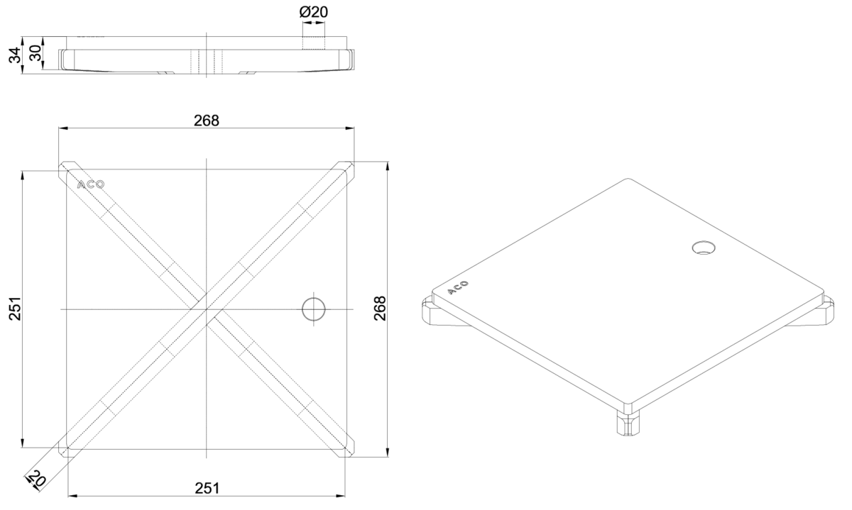 Esquema técnico de la reja para sumidero EG, reja ranurada en acero inoxidable AISI304 de dimensiones L268 A268 H30 sin sistema de fijación, clase de carga M125.