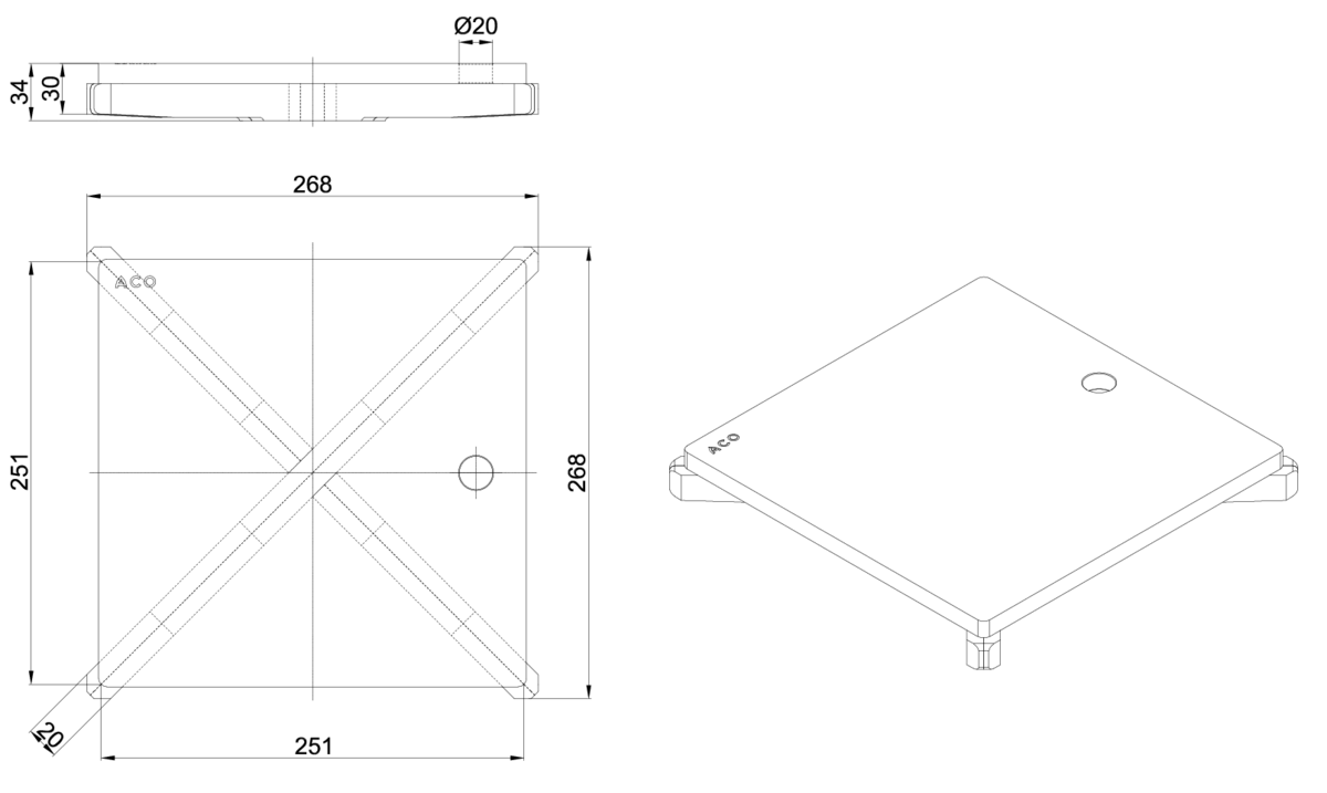 Esquema técnico de la reja para sumidero EG, reja ranurada en acero inoxidable AISI316 de dimensiones L268 A268 H30 sin sistema de fijación, clase de carga M125.