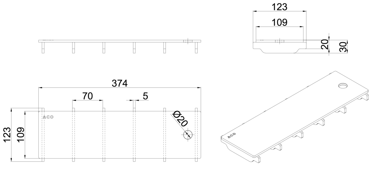 00445802 Esquema técnico de la reja para canal Modular 125, reja ranurada en acero inoxidable AISI304 de dimensiones L375 A125 H20/30 sin sistema de fijación, clase de carga C250.