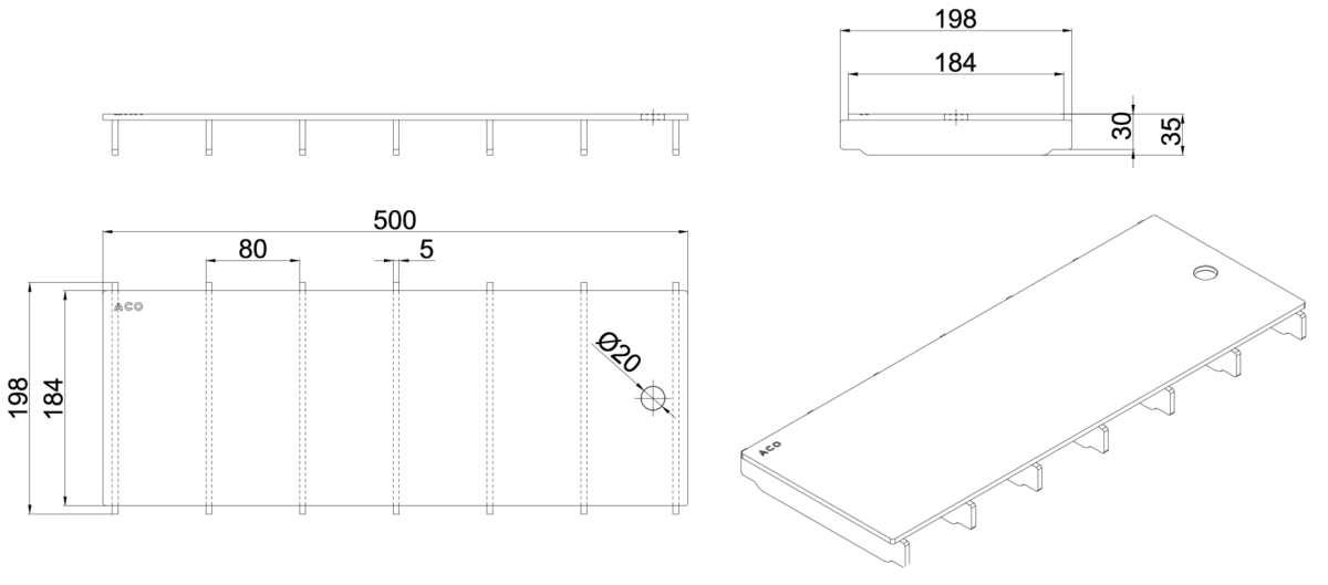 00445805 Esquema técnico de la reja para canal Modular 200, reja ranurada en acero inoxidable AISI316 de dimensiones L500 A198 H30/35 sin sistema de fijación, clase de carga B125.