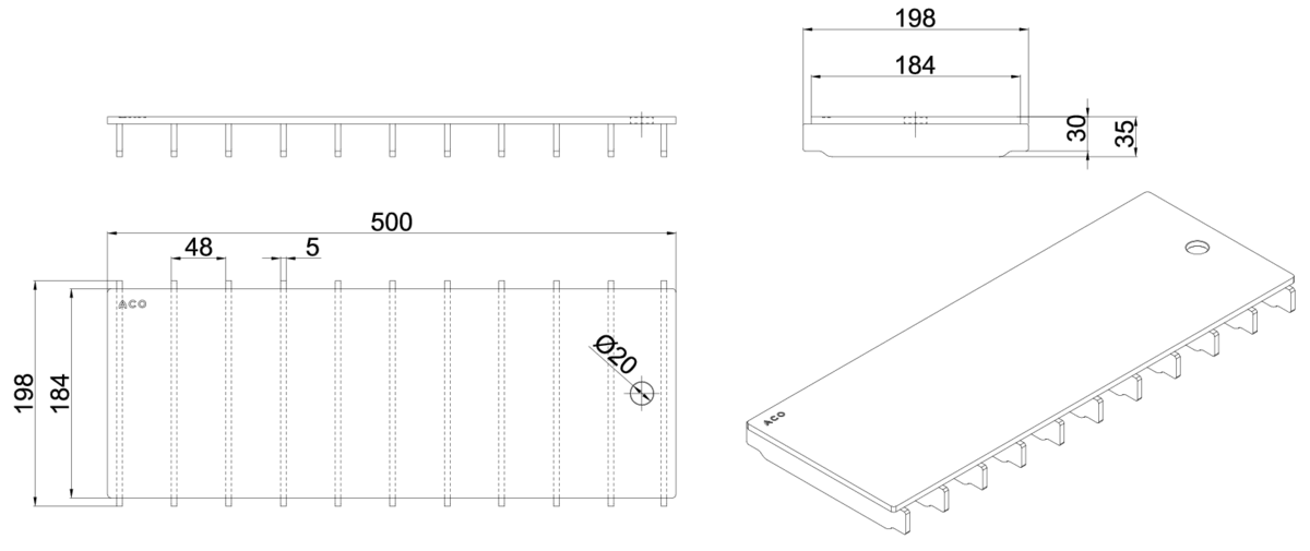 00445807 Esquema técnico de la reja para canal Modular 200, reja ranurada en acero inoxidable AISI316 de dimensiones L500 A198 H30/35 sin sistema de fijación, clase de carga C250.