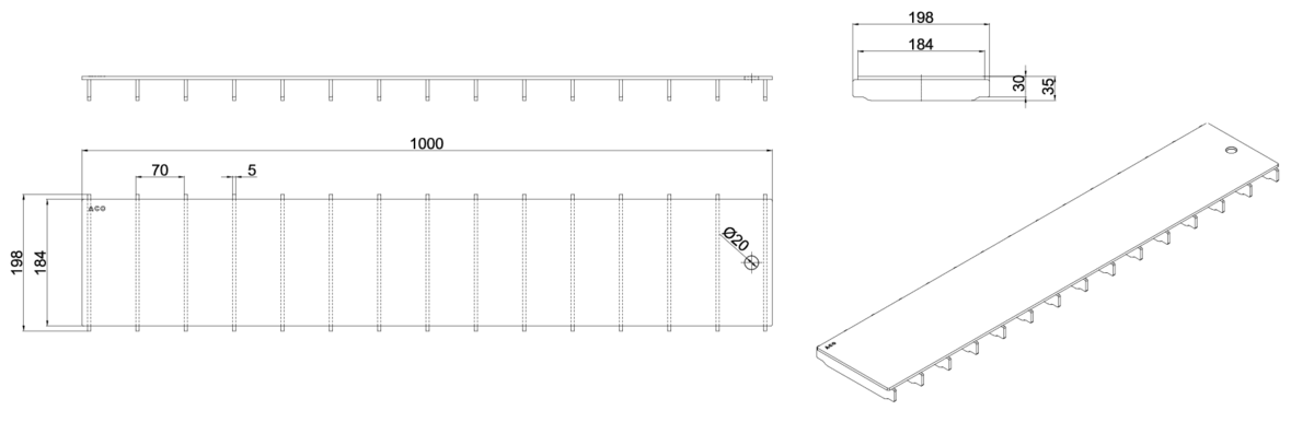 00445808 Esquema técnico de la reja para canal Modular 200, reja ranurada en acero inoxidable AISI304 de dimensiones L1000 A198 H30/35 sin sistema de fijación, clase de carga B125.