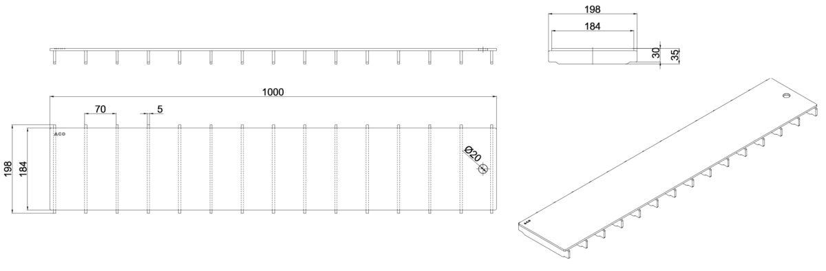 00445809 Esquema técnico de la reja para canal Modular 200, reja ranurada en acero inoxidable AISI316 de dimensiones L1000 A198 H30/35 sin sistema de fijación, clase de carga B125.