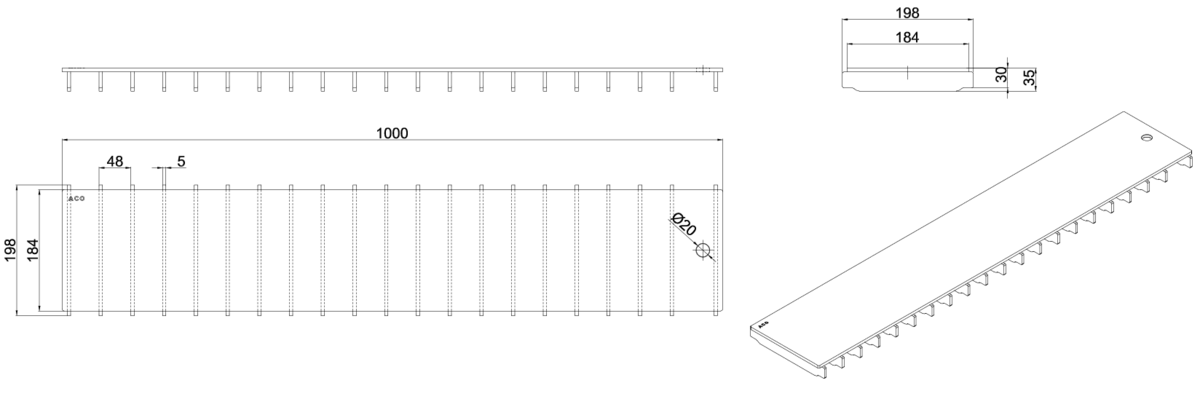 00445810 Esquema técnico de la reja para canal Modular 200, reja ranurada en acero inoxidable AISI304 de dimensiones L1000 A198 H30/35 sin sistema de fijación, clase de carga C250.