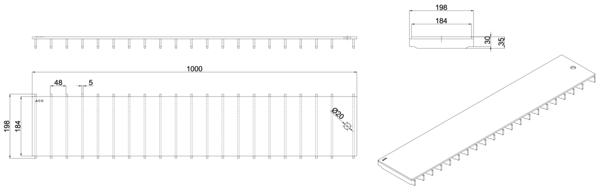 00445811 Esquema técnico de la reja para canal Modular 200, reja ranurada en acero inoxidable AISI316 de dimensiones L1000 A198 H30/35 sin sistema de fijación, clase de carga C250.