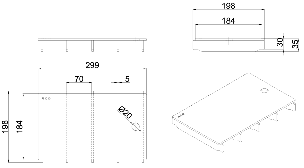 00445813 Esquema técnico de la reja para canal Modular 200, reja ranurada en acero inoxidable AISI316 de dimensiones L300 A198 H30/35 sin sistema de fijación, clase de carga B125.