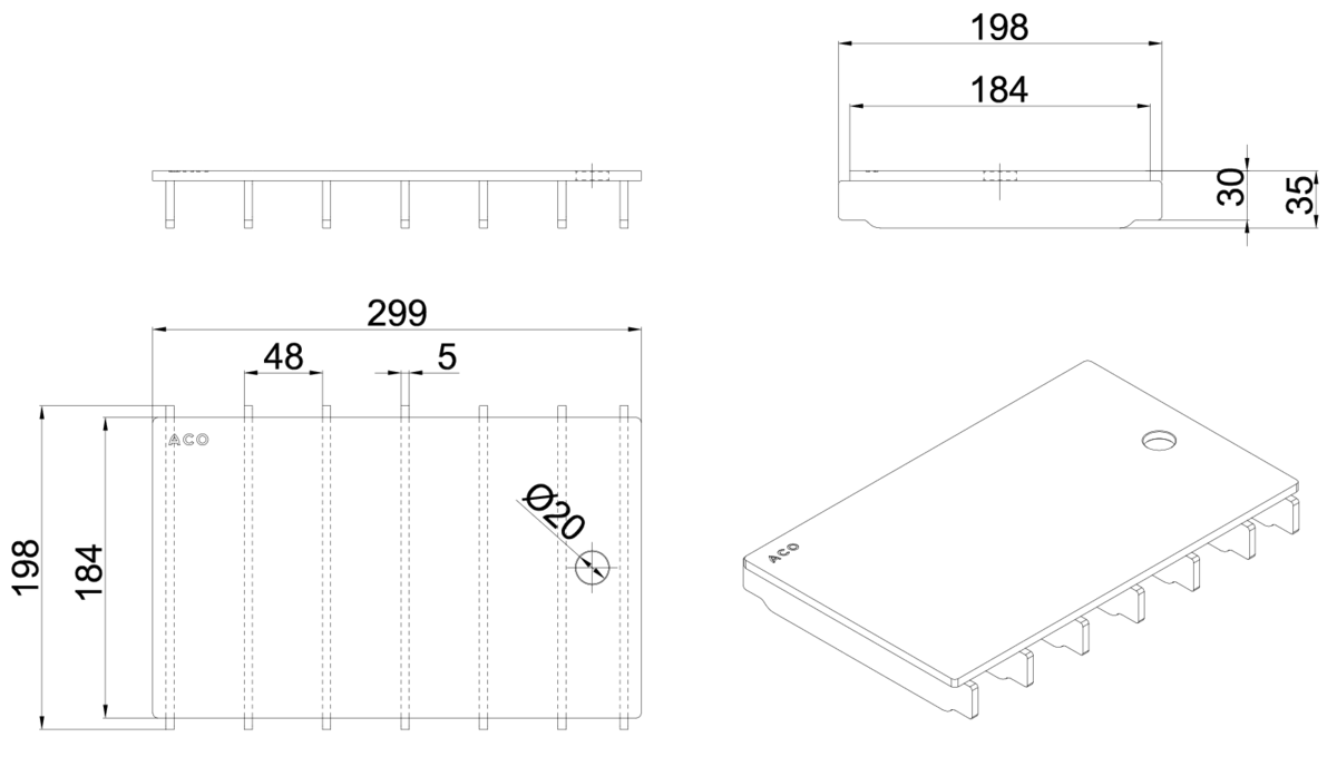 00445815 Esquema técnico de la reja para canal Modular 200, reja ranurada en acero inoxidable AISI316 de dimensiones L300 A198 H30/35 sin sistema de fijación, clase de carga C250.