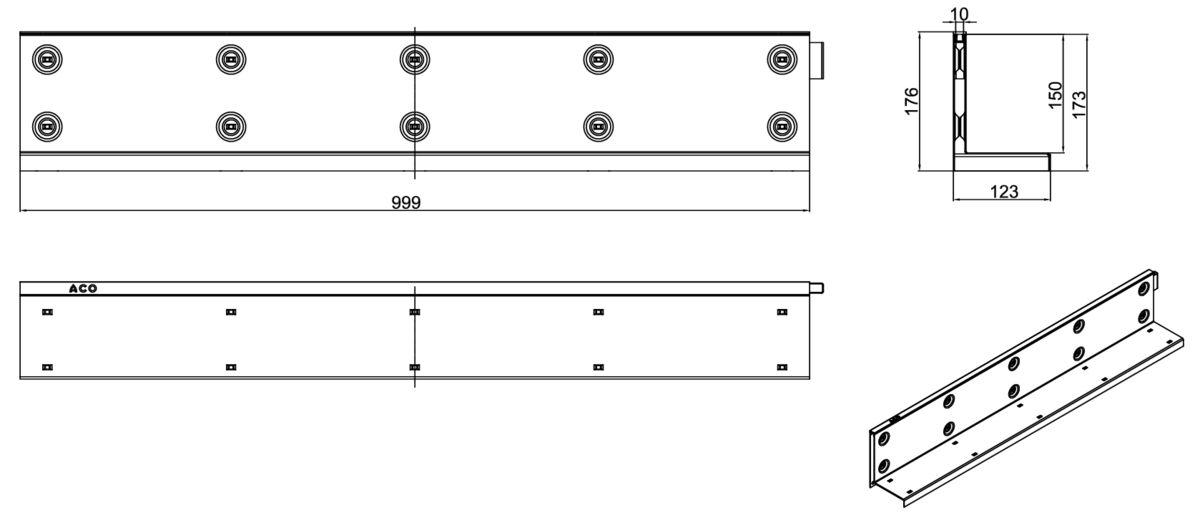 Esquema técnico de la reja para canal MULTIDRIAN/MULTILINE/XTRADRAIN 100, reja brickslot-ST L H150 en acero galvanizado de dimensiones L1000 A123 H173 sin sistema de fijación, clase de carga C250.