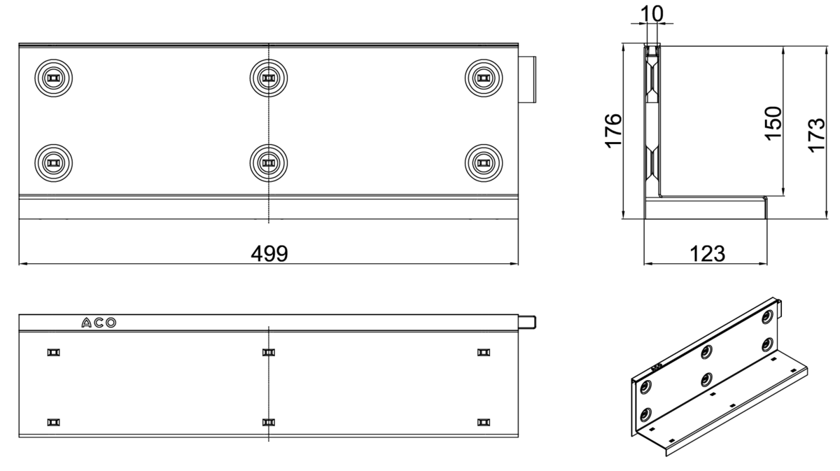 00445933 Esquema técnico de la reja para canal MULTIDRIAN/MULTILINE/XTRADRAIN 100, reja brickslot-ST L H150 en acero galvanizado de dimensiones L500 A123 H173 sin sistema de fijación, clase de carga C250.